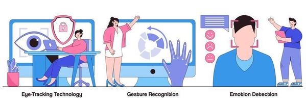 tecnología de seguimiento ocular, reconocimiento de gestos, concepto de detección de emociones con personas diminutas. conjunto de ilustración de vector de tecnología de sensor moderno. Metáfora de métodos de interacción humano-computadora e interfaz de usuario