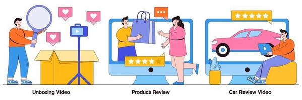 Unboxing video, product and car review concept with tiny people. Video content vector illustration set. Blog monetization, online test-drive, features overview, rating service, advertising metaphor