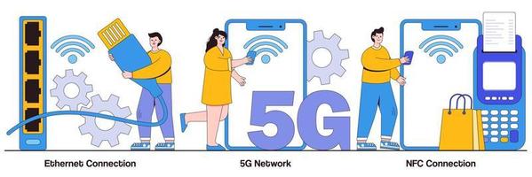 Ethernet connection, 5g network, NFC connection concept with people character. Modern Internet technologies vector illustration set. Wireless network access, contactless payments, Iot system metaphor