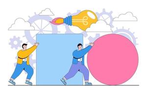 Competitive advantage or innovation to outsmart and overtake competitors, strategy or smart way to win business concepts. Businessman pushing sphere leading the race against slower pushing boxes vector