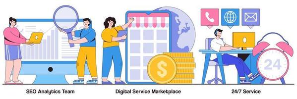 SEO Analytics Team, Digital Marketplace, and 24 Hours 7 Days Service Illustrated Pack vector