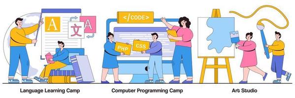 Language Learning, Computer Programming Camp and Art Studio Illustrated Pack vector