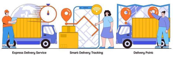 paquete ilustrado de entrega urgente, seguimiento inteligente en línea, mensajería y punto de entrega de pedidos
