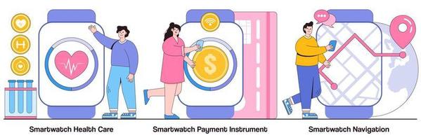 paquete ilustrado de cuidado de la salud, instrumento de pago y navegación de smartwatch vector
