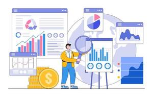 Financial report, investment data, selling information, business analysis, compute, study for market expansion concepts illustrations. Businessman analyzing charts and graphs with a magnifying glass