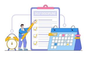 Self control to complete work or achieve business goals, time management to increase productivity concepts. Businessman writing self discipline list plan on clipboard with alarm clock and calendar vector