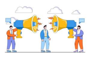 Employee input, getting to colleague opinion or idea, choose to believe in truth, fact, or liar team member concepts. Businessman manager or boss listening to employees shouting with big megaphone vector