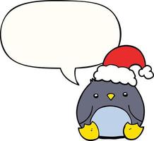 lindo pingüino de dibujos animados con sombrero de navidad y burbuja de habla vector