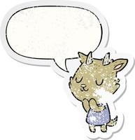 cute cartoon goat and speech bubble distressed sticker vector
