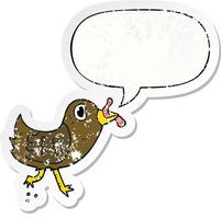 cartoon bird and worm and speech bubble distressed sticker vector