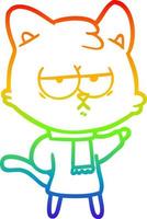 rainbow gradient line drawing bored cartoon cat in winter clothes vector