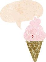 cute cartoon ice cream and speech bubble in retro textured style vector