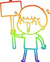 rainbow gradient line drawing laughing cartoon man waving placard vector