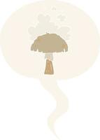 cartoon mushroom and spore cloud and speech bubble in retro style vector
