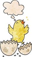 cartoon bird hatching from egg and thought bubble in grunge texture pattern style vector