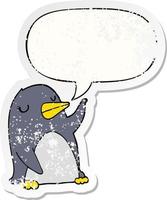 cartoon penguin and speech bubble distressed sticker vector