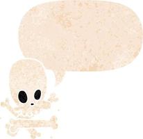 cartoon skull and bones and speech bubble in retro textured style vector