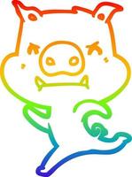 rainbow gradient line drawing angry cartoon pig charging vector