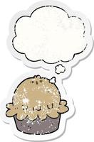 cute cartoon pie and thought bubble as a distressed worn sticker vector