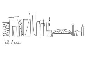 Tel Aviv city skyline simple single continuous line drawing. Travel destination and tourism holiday trip design concept. vector