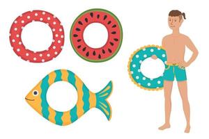 Guy with a set of beach circles for swimming. Doodle flat clipart. All objects are repainted. vector