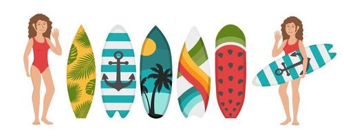 Girl with a surfboard in her hands. Flat doodle clipart. All objects are repainted. vector