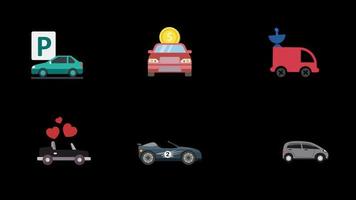 car icon set motion graphic animation, vehicle, transparent background video