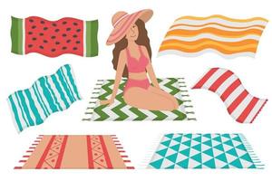 Girl with a set of beach towels for sunbathing. Doodle flat clipart. All objects are repainted. vector