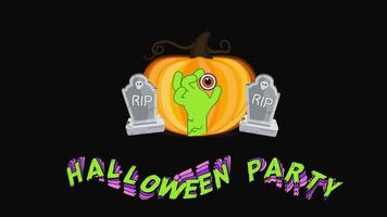 animación de texto de fiesta de halloween, calabaza, tumba, fondo transparente