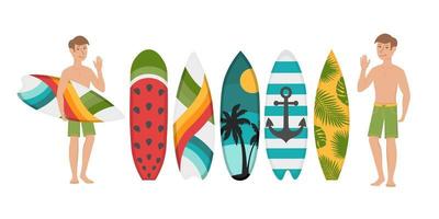 A guy with a surfboard in his hands. Flat doodle clipart. All objects are repainted. vector