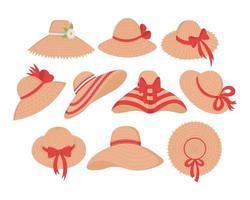 un conjunto de sombreros de mimbre para tomar el sol en la playa. imágenes prediseñadas planas. todos los colores han sido repintados. vector