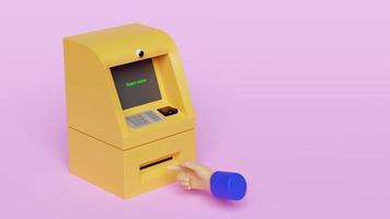 Homme d'affaires 3d mains retrait d'argent, dépôt en espèces avec transaction de guichet automatique, billet de banque isolé sur fond violet. Animation 3D video
