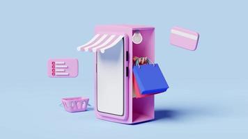 3D-animation, mobiltelefon eller smartphone med butiksfront, hand som håller färgglada shoppingpåsar, varukorg, kreditkort på blått. franchiseföretag eller online shopping koncept, 3d render video