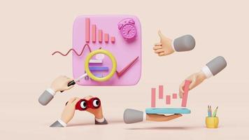 3d charts and graph with businessman hand, analysis business financial data, magnifying glass,binocular, Online marketing isolated on pink. business strategy concept, 3d animation video
