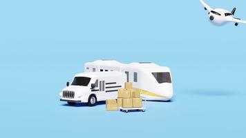 3D-världsomspännande frakt med leveransbil, flyg, skytågtransport isolerad på blå bakgrund. service, transport, flygfrakt, järnvägssjöfart, landtransportkoncept, 3d-animation video