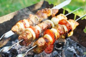 Kebab, pieces of meat on metal skewers, cooked on grill fire photo