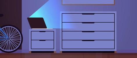 Living room interior and furniture cabinet home drawer in dark night room concept flat vector illustration.