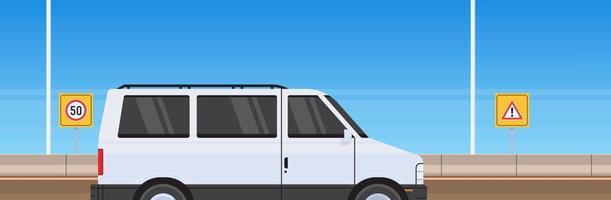 Minivan courier on highway asphalt road and minivan truck design flat vector illustration.