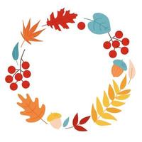 Round frame of autumn leaves, acorns and rowan, isolated on white background. Simple cartoon flat style. Vector illustration clipart. Design for stickers, logo, web and mobile app