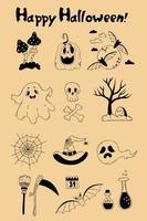 Halloween set. Jack pumpkin, ghost, bat and web, grave, skull, meter and scythe, potion, and magical fly agaric. Vector linear hand drawn doodle. Isolated elements for decor, design and decoration.