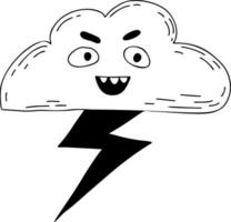 Funny cartoon character Cloud with lightning. Vector illustration. Linear hand drawn doodle