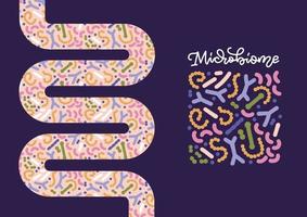 Probiotics in shape of intestines with microbiome pattern. Bifidobacterium, lactobacillus, streptococcus thermophilus, lactococcus, propionibacterium. Vector illustration for banner, package