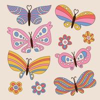 Set of retro butterflies in 60s 70s groovy style isolated. Flowers Child elements Collection. Vintage Hippie butterfly. Vector hand drawn illustration.