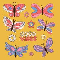 lindo conjunto decorativo de imágenes prediseñadas de mariposa aislado en amarillo. ilustración de vector de estilo infantil ingenuo lineal dibujado a mano. error de fantasía de verano para el diseño gráfico de niños modernos.