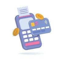 3d render Contactless POS terminal payment with credit card and bill receipt. E-payment or e-commerce retail use digital electronic device. Vector isolated illustration.