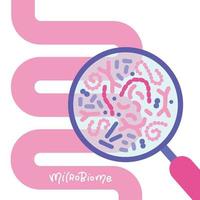 Abstract human intestine and magnifier. Gut microbiome concept. SIBO, leaky gut syndrome and candida growth. Vector flat illustration isolated on white background.