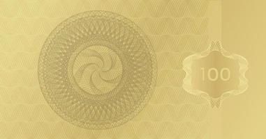Golden Banknote template 100 with guilloche pattern watermarks border. Expensive Gift certificate Voucher. Background usable for coupon, banknote, money design, currency, note, check. Vector
