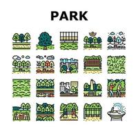 parque prado naturaleza y patio de recreo iconos conjunto vector