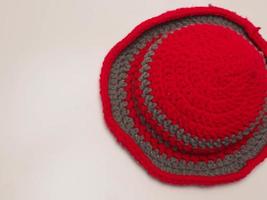 Picture of red color with grey stripes crochet hat photo