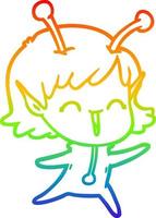 rainbow gradient line drawing cartoon alien girl laughing vector